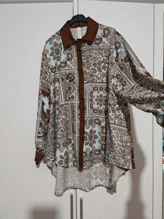 Koszula brązowa czekoladowa błękitna niebieska patchwork wzory xl xxl