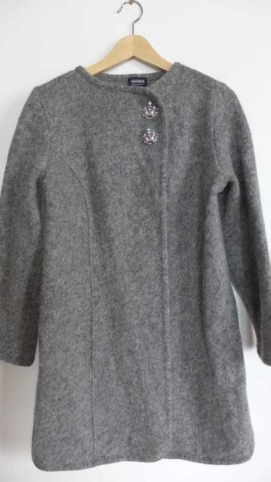 ISLANDZKI SWETER długi kardigan S 36 / M 38 wełniana podpinka narzutka