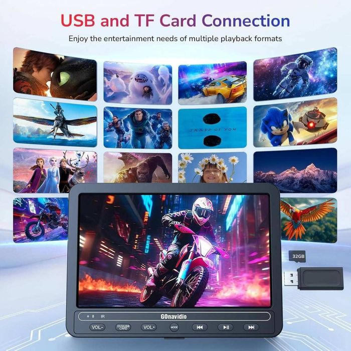 Автомобільний DVD-плеєр GoNavidio з 10,5-дюймовим екраном. 2 екрани, 2 навушників і пульт.