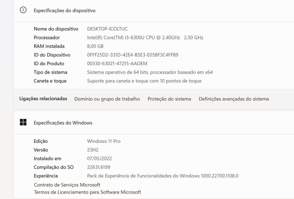 Surface Pro 5 - Intel i5 6300U- Ram 8GB- Ssd 256GB - 12.3" - Windows 11 Pro - Portugues