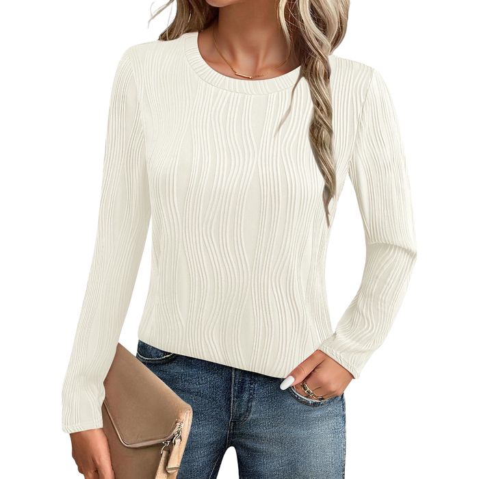 Sweter damski falowany - elastan - okrągły dekolt - biały L