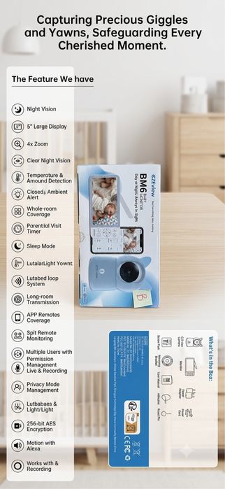 CZEVIEW BM6 zapewnia spokój ducha, pozwalając na monitorowanie dziecka zarówno w domu (przez dołączony monitor), jak i poza nim (przez smartfon).
