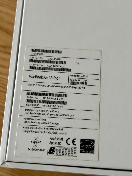 Laptop 13,3" Apple MacBook Air M 1/8GB/256/M ac OS Space Gray US