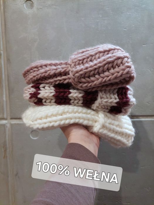 Czapka wełniana handmade brudny pudrowy róż nowa