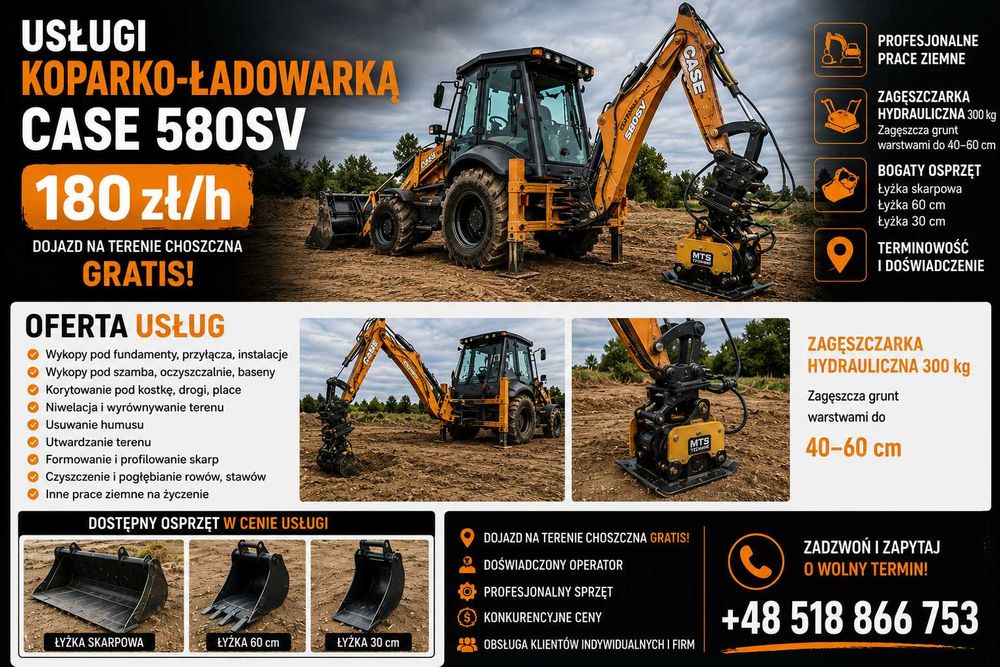 Usługi koparko-ładowarką | 180 zł/h | Zagęszczarka hydrauliczna w cenie | Dojazd  w Choszcznie GRATIS