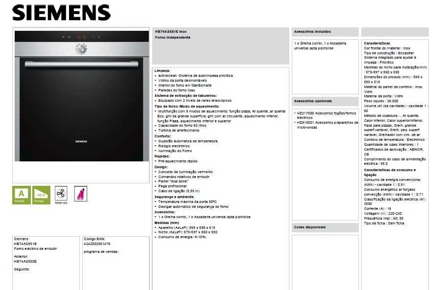 Forno Siemens Inox de encastre HB74AS551E Pirolítico Multifunções