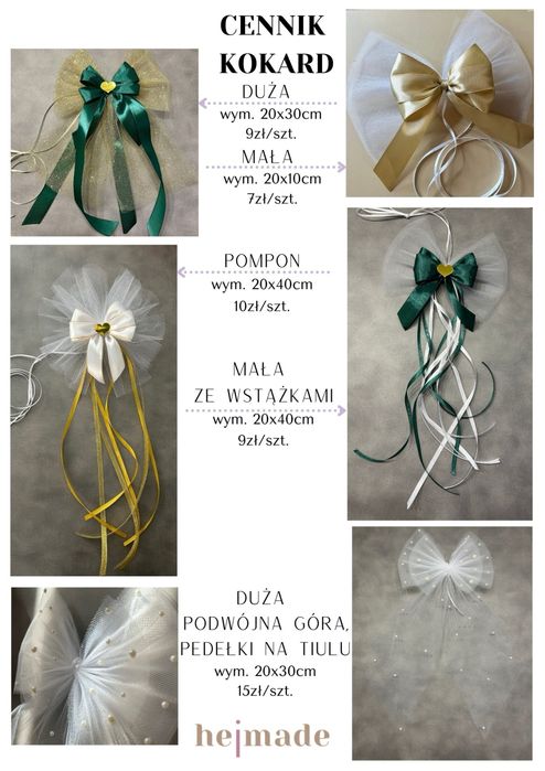 Kokardy ślubne do dekoracji domu PM, samochodu ślubnego