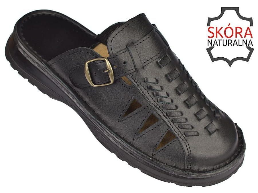 Klapki męskie skórzane czarne 027 BK Polskie solidne roz. 49