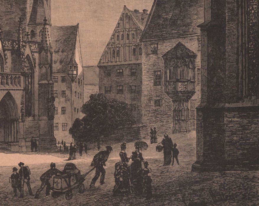 Norymberga Kościół Św. Sebalda Duży drzeworyt 1888 r. autentyk