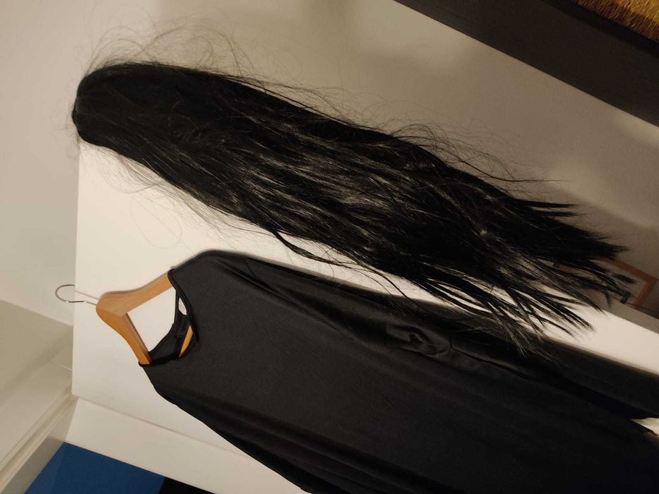 Halloween - Vestido de Morticia Addams c/ peruca - Adulto XXL