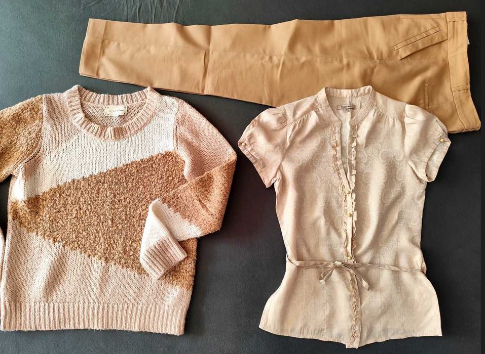 bluzka spodnie sweter rozm.36 / S beżowy zestaw wiosna