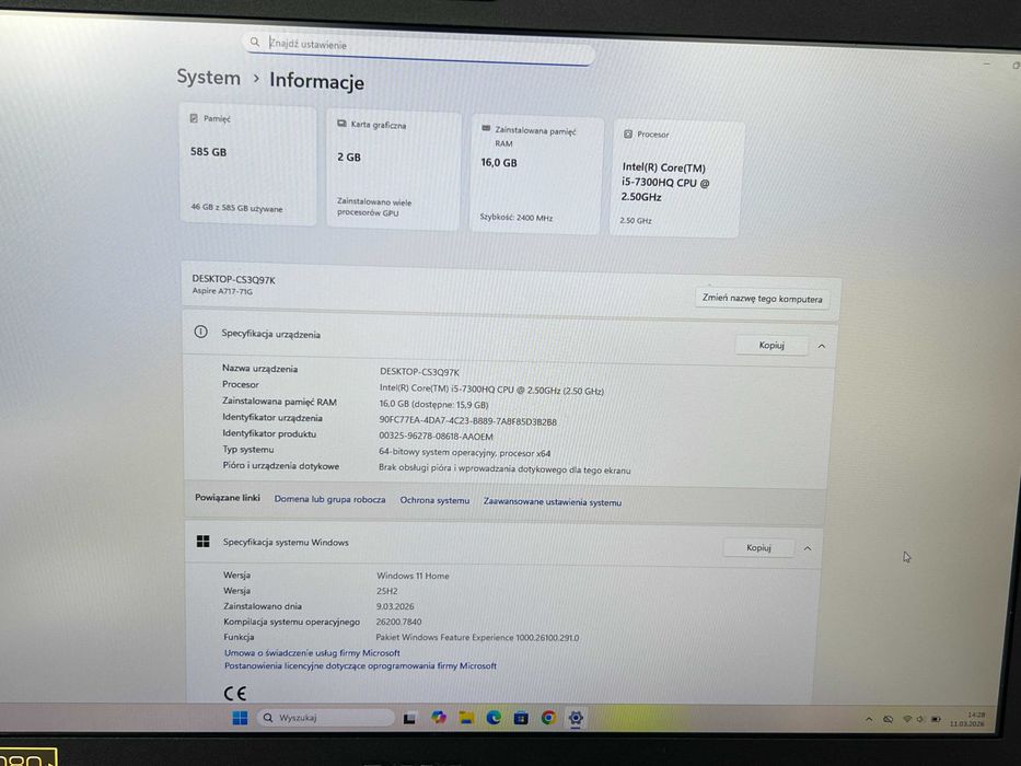 Laptop 17" Acer Aspire 7 i5-7gen 16GB SSD+HDD GTX 1050 Win11
