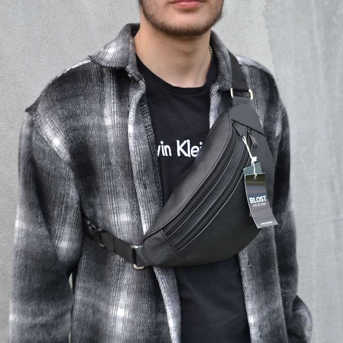 Бананка з натуральної шкіри, сумка чоловіча/жіноча барсетка чорна