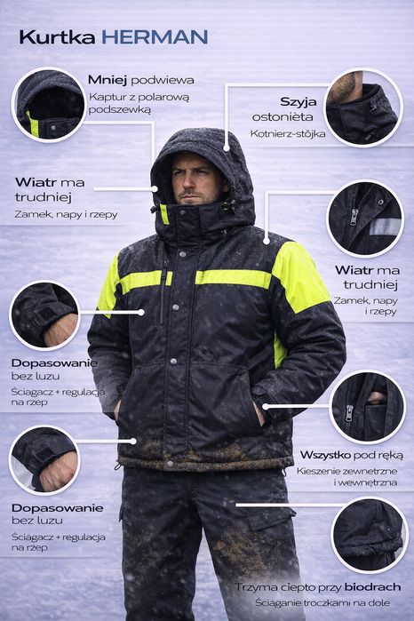 Ciepła kurtka do pracy HERMAN, regulacje, kieszenie, kaptur XL