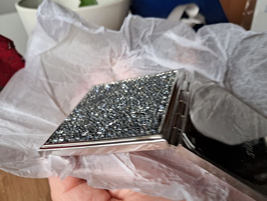 Espelho compacto Swarovski Crystals duplo lado quadrado preto prata