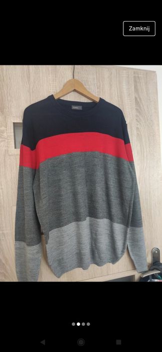 Sweterek w paski granatowy czerwony szary Lidos L