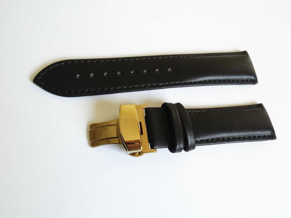 Czarny pasek do zegarka 22mm złota klamra motylkowa skórzany