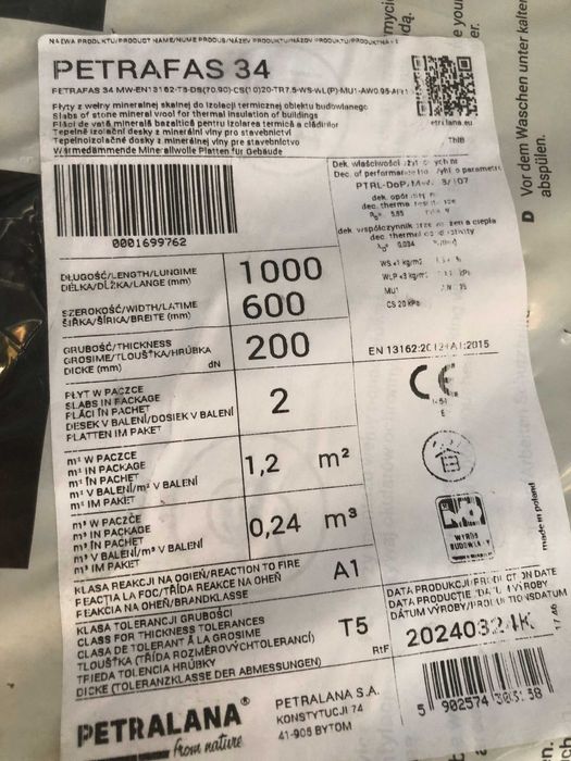 Wełna skalna Petrafas 34 grubość 20cm