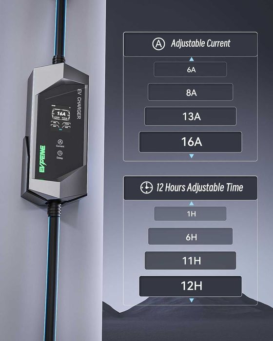 Carregador carro elétrico 6 a 16Amp Tipo2 Shuko (tomada doméstica)Novo