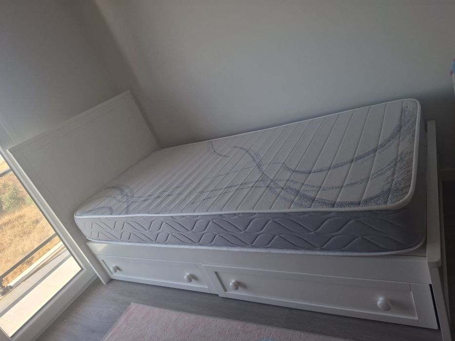 TRAMA - Cama individual branca com gavetas + colchão incluído