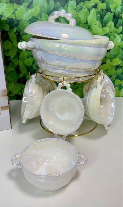 Zestaw obiadowy. Do zupy.waza i miseczki. Perłowy. Idealny na prezent