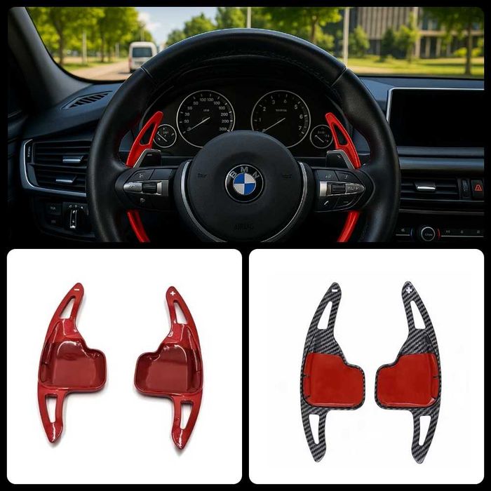 Накладки на руль подрулевые лепестки BMW M Performance Красные Карбон