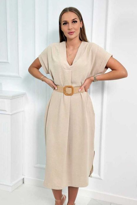 Beżowa Sukienka Midi z Paskiem Elegancka Made in Italy S-L