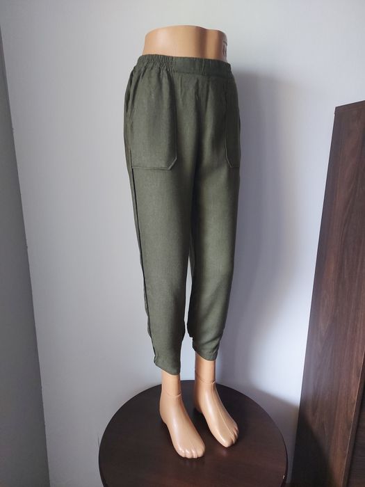 Zara spodnie joggery damskie khaki ze ściągaczami i lampasem S 38