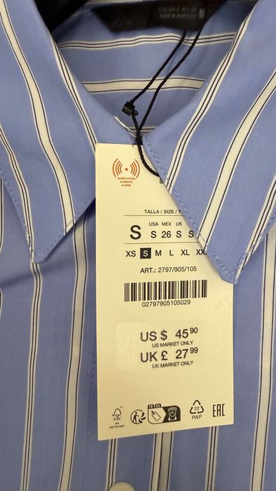 Сорочка блакитна ZARA в смужку котонова рубашка голубая в полоску база