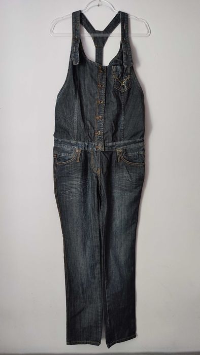 Spodnie jeansowe ogrodniczki ciemny dżins regulowane szelki XL