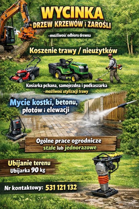 Wycinka,koszenie,prace ogrodowe , ubijanie terenu , mycie kostki itp
