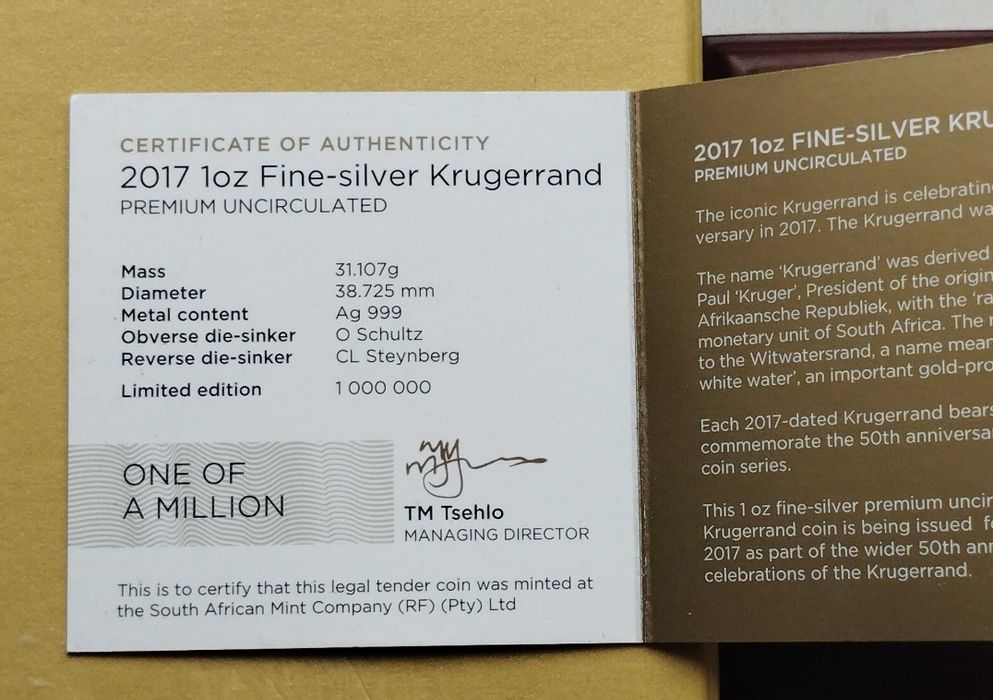 СРІБЛО. Сертифікат." 50 років Крюгеранду "Ювілейний . Лімітована. 2017