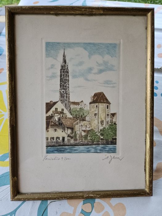 Obraz krajobraz miasta nad rzeką szkic