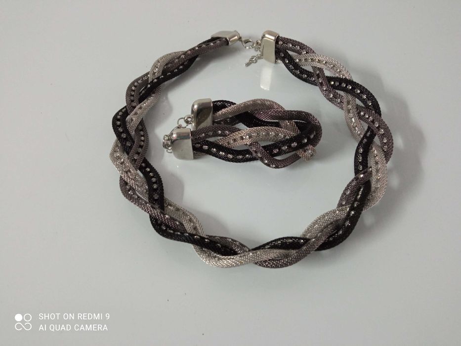 Conjunto - gargantilha e pulseira entrançada - preto, cinza, prata