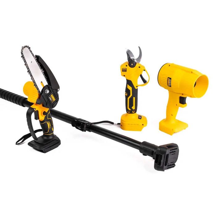 Акумуляторний набір садових інструментів DeWalt 5в1 36V 4Ah — мініпила, секатор, тример, повітродувка та телескопічна штанга 2.5 м, 2 АКБ
