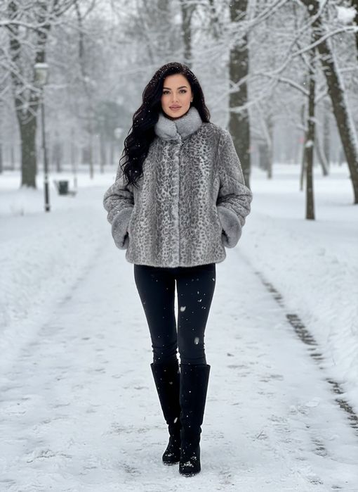 Сріблясто-сіра шубка з еко-хутра у леопардовий принт