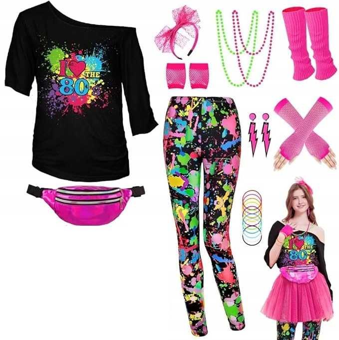 STRÓJ lata 80 RETRO NEON ZESTAW akcesoria DISCO rozm. XL K362