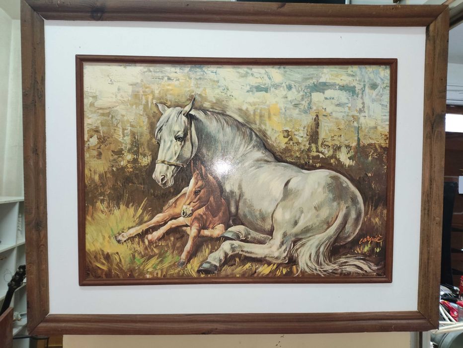 Quadro Antigo vintage de Cavalos Assinado