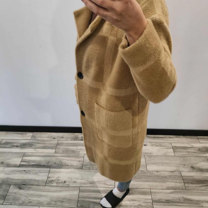 Ciepły jak nowy płaszcz jesienny przejściowy alpaka beż brąz krata M/L