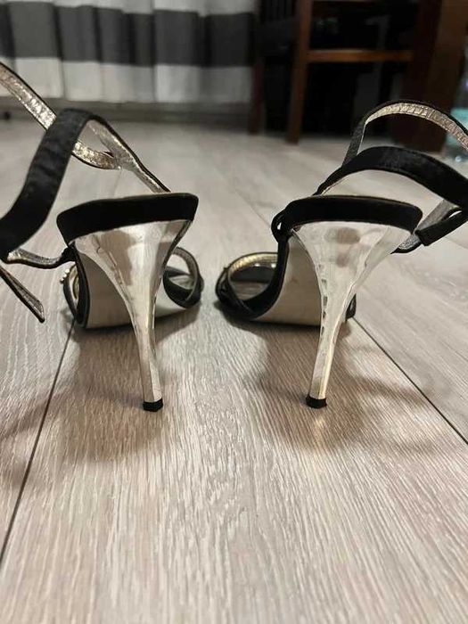 Czarne sandałki na szpilce, srebrny obcas, buty damskie 39