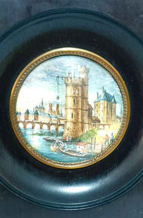 Maravilhosa antiga pintura paisagística francesa à lupa assinada