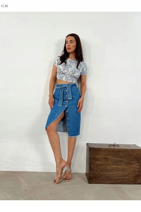 Elegancka jeansowa spódnica midi z guzikami i paskiem 36 5ia