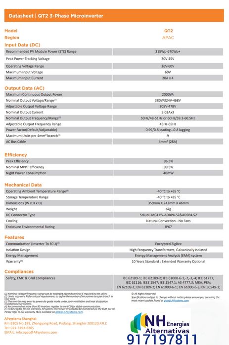 Micro Inversor APS QT2 2000VA 2000W APSystems Trifásico