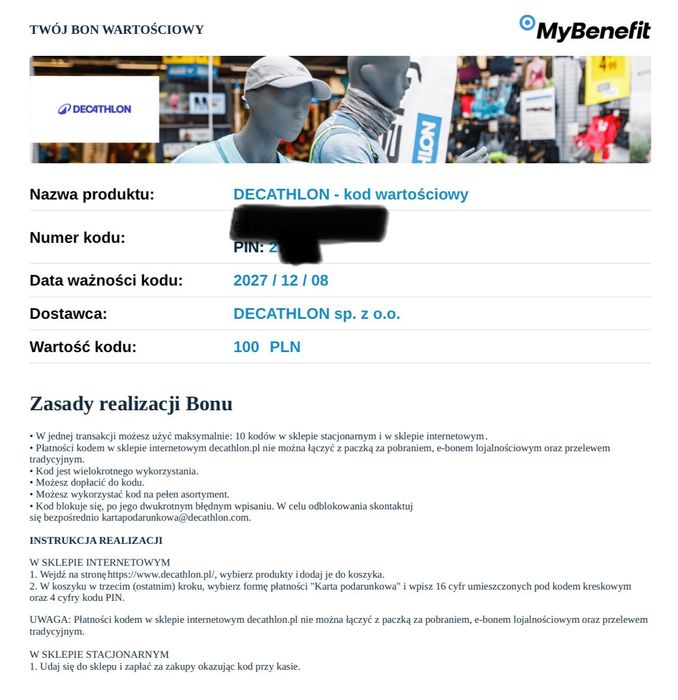 Karta podarunkowa DECATHLON 100pln