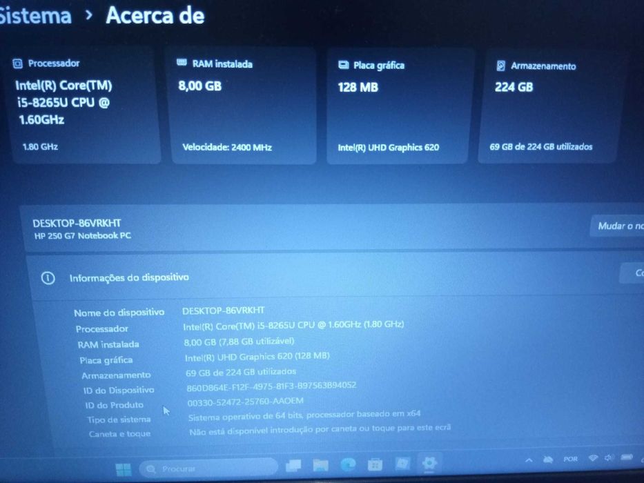 Portátil HP 250 G7 - Intel Core i5-8265U - 8GB DDR4 RAM - com carregador