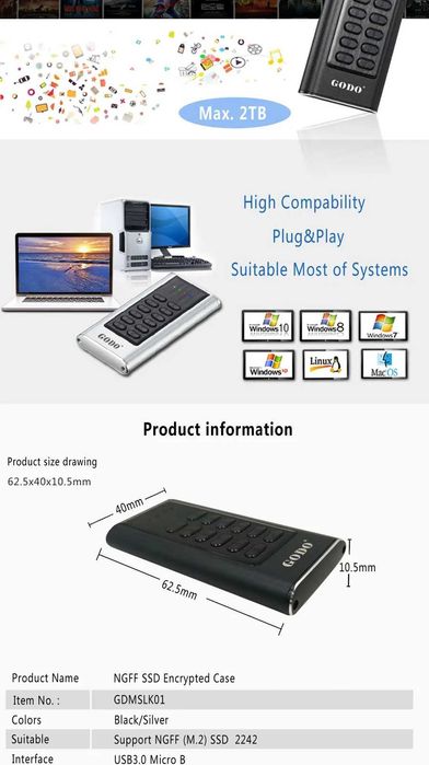 Защищенный паролем Hdd диск 256гб с кнопками. AES-256 шифрование.Usb30