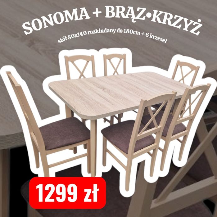 Nowe: Stół 80x140/180 + 6 krzeseł, 48 kolorów od ręki,  dostawa cała P