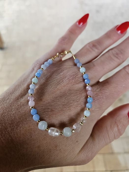Bransoletka kamienie naturalne Larimar Perła naturalna Kryształ Jadeit