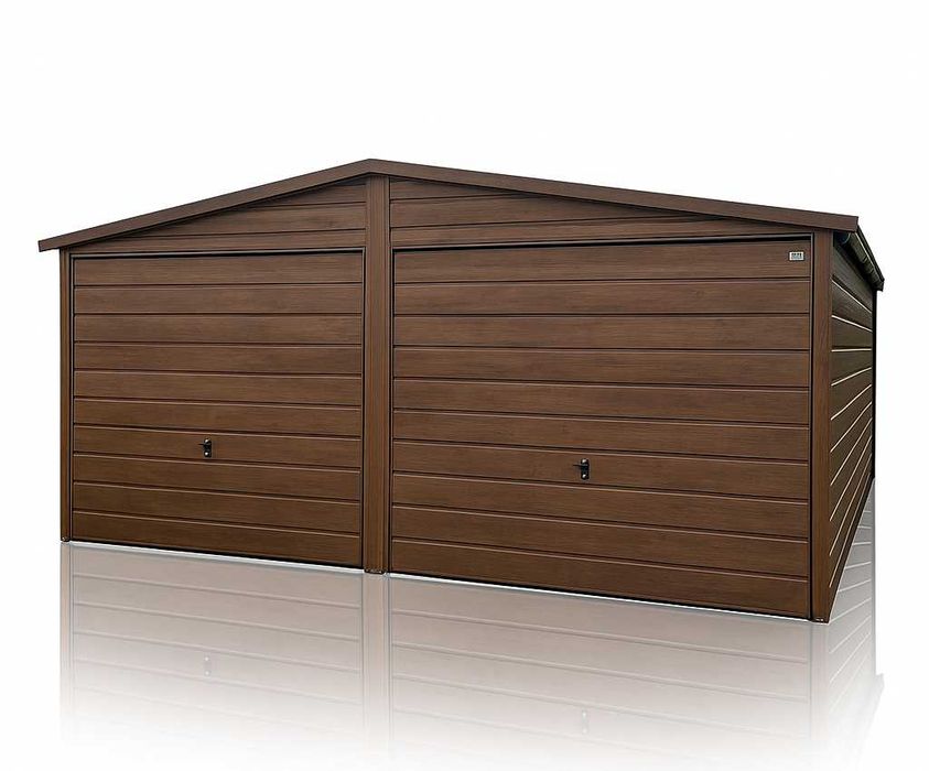 Garaż Blaszany dwustanowiskowy dwuspadowy 6x6 Ciemny Orzech PREMIUM