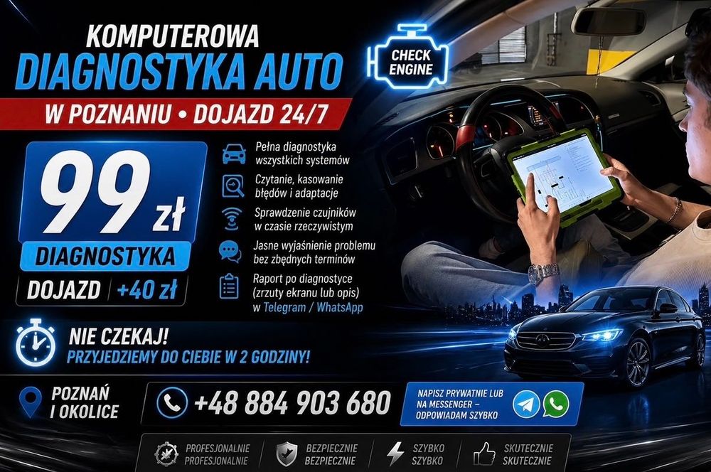 Diagnostyka Komputerowa Samochodu  -99 zł ,POZNAŃ - Dojazd 24/7